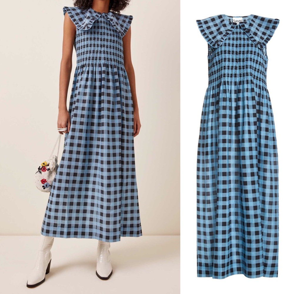 BNWT Ganni Printed Smocked Cotton-Blend Midi Dress